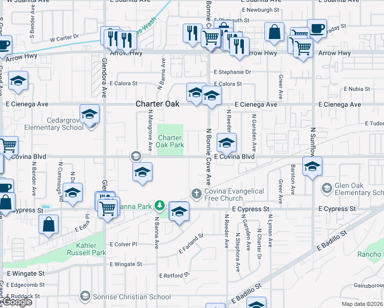 map of restaurants, bars, coffee shops, grocery stores, and more near 4804 North Darfield Avenue in Covina