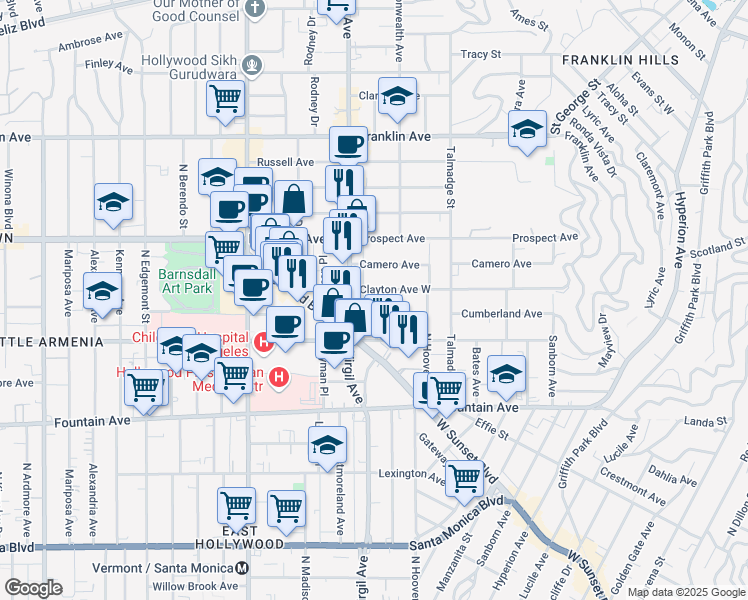 map of restaurants, bars, coffee shops, grocery stores, and more near 1549 Rosalia Road in Los Angeles