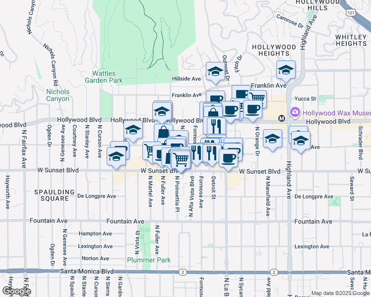 map of restaurants, bars, coffee shops, grocery stores, and more near 1550 North Poinsettia Place in Los Angeles