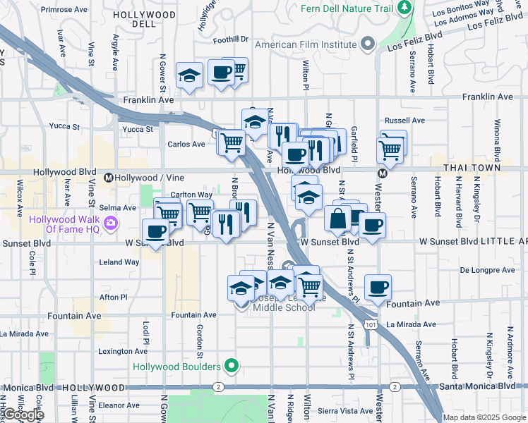 map of restaurants, bars, coffee shops, grocery stores, and more near 5805 Harold Way in Los Angeles