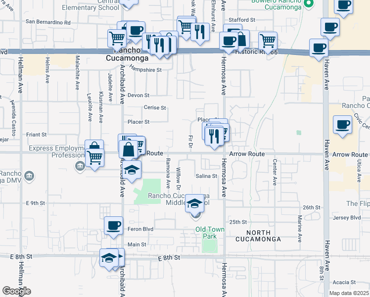 map of restaurants, bars, coffee shops, grocery stores, and more near 8478 Fir Drive in Rancho Cucamonga