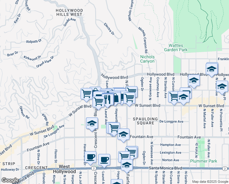 map of restaurants, bars, coffee shops, grocery stores, and more near 7960 Selma Avenue in Los Angeles