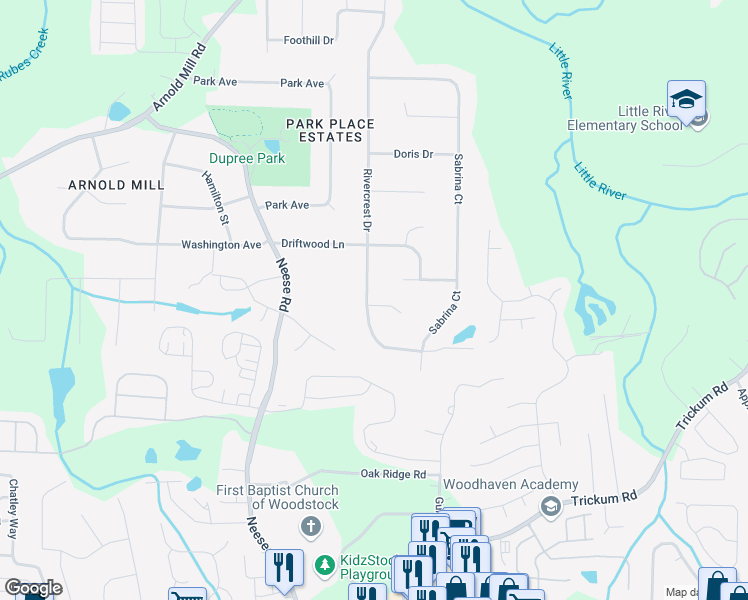 map of restaurants, bars, coffee shops, grocery stores, and more near 579 Rivercrest Drive in Woodstock
