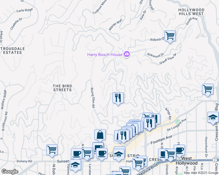 map of restaurants, bars, coffee shops, grocery stores, and more near 8836 Evanview Drive in Los Angeles