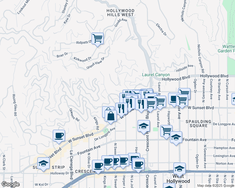 map of restaurants, bars, coffee shops, grocery stores, and more near 8289 Hollywood Boulevard in Los Angeles
