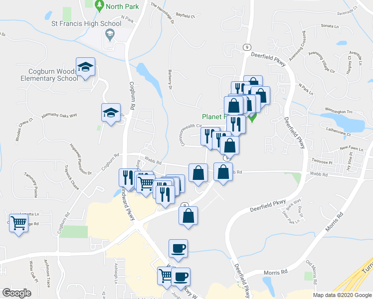 map of restaurants, bars, coffee shops, grocery stores, and more near 2860 Commonwealth Circle in Alpharetta