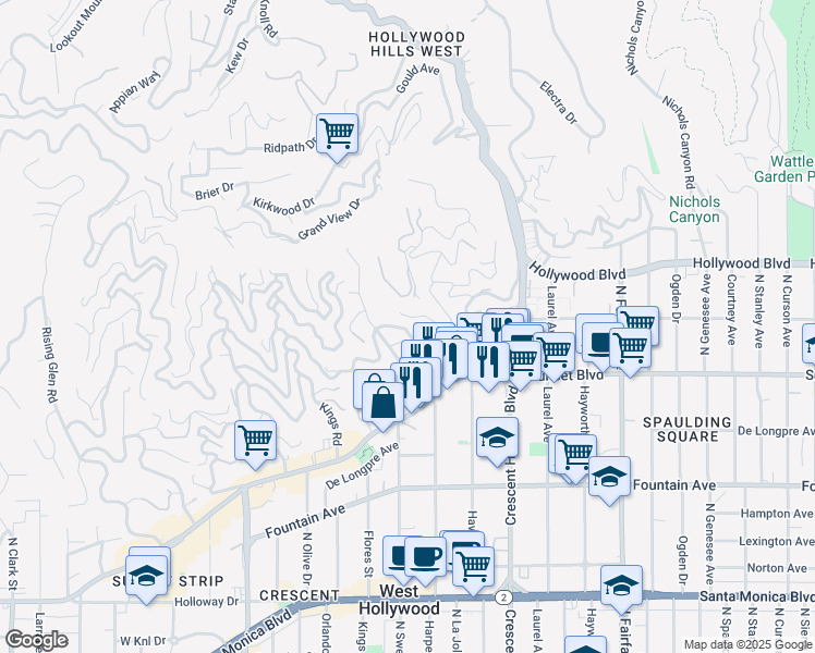 map of restaurants, bars, coffee shops, grocery stores, and more near 8289 Hollywood Boulevard in Los Angeles