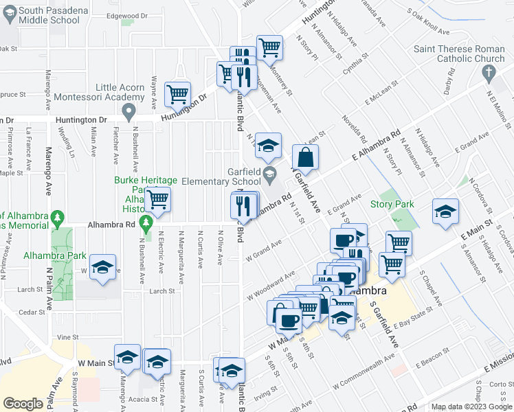 map of restaurants, bars, coffee shops, grocery stores, and more near 211 West Alhambra Road in Alhambra