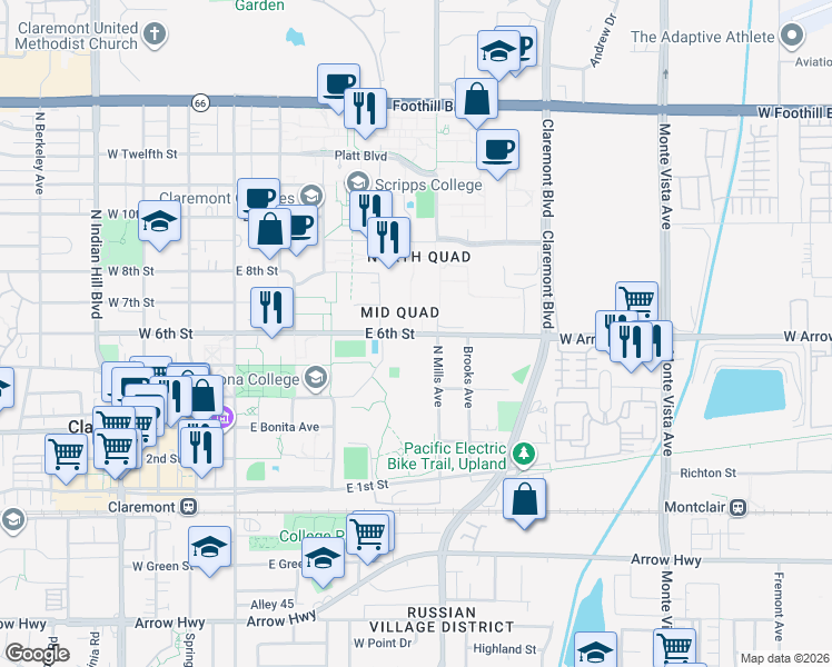 map of restaurants, bars, coffee shops, grocery stores, and more near 345 East 6th Street in Claremont