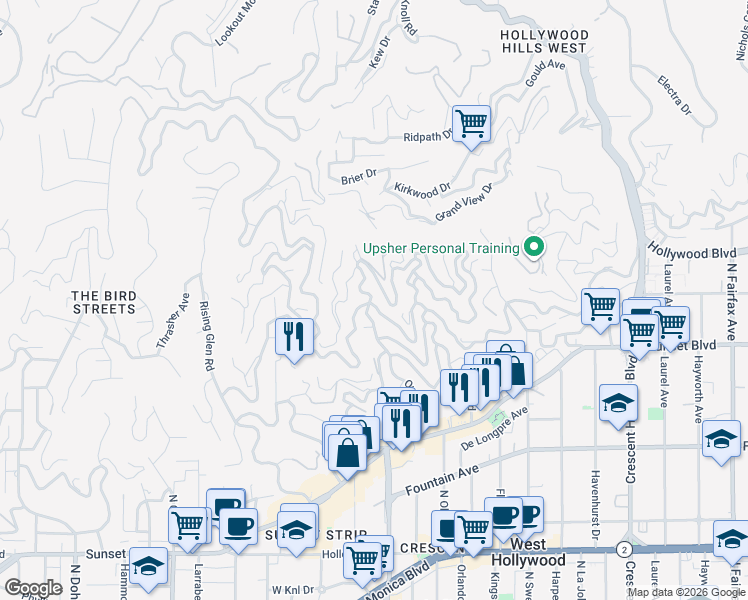 map of restaurants, bars, coffee shops, grocery stores, and more near 1600 Queens Road in Los Angeles