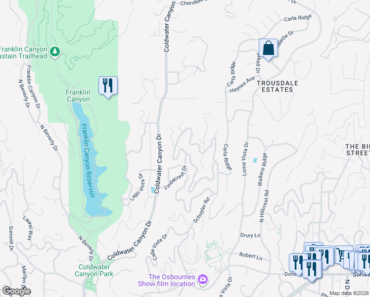 map of restaurants, bars, coffee shops, grocery stores, and more near 1532 Lindacrest Drive in Beverly Hills