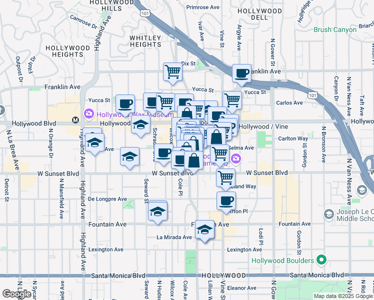 map of restaurants, bars, coffee shops, grocery stores, and more near 1555 North Cahuenga Boulevard in Los Angeles