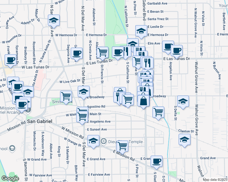 map of restaurants, bars, coffee shops, grocery stores, and more near 411 East Broadway in San Gabriel