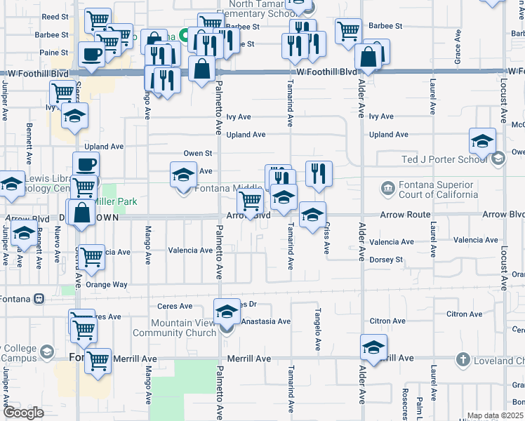 map of restaurants, bars, coffee shops, grocery stores, and more near 17420 Arrow Boulevard in Fontana
