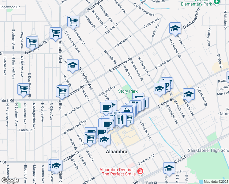 map of restaurants, bars, coffee shops, grocery stores, and more near 316 North Monterey Street in Alhambra