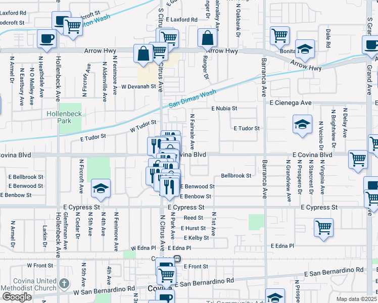 map of restaurants, bars, coffee shops, grocery stores, and more near 1105 North Fairvale Avenue in Covina