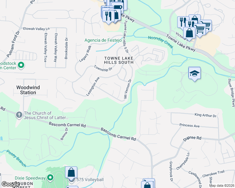 map of restaurants, bars, coffee shops, grocery stores, and more near 303 Chesapeake Ridge in Woodstock