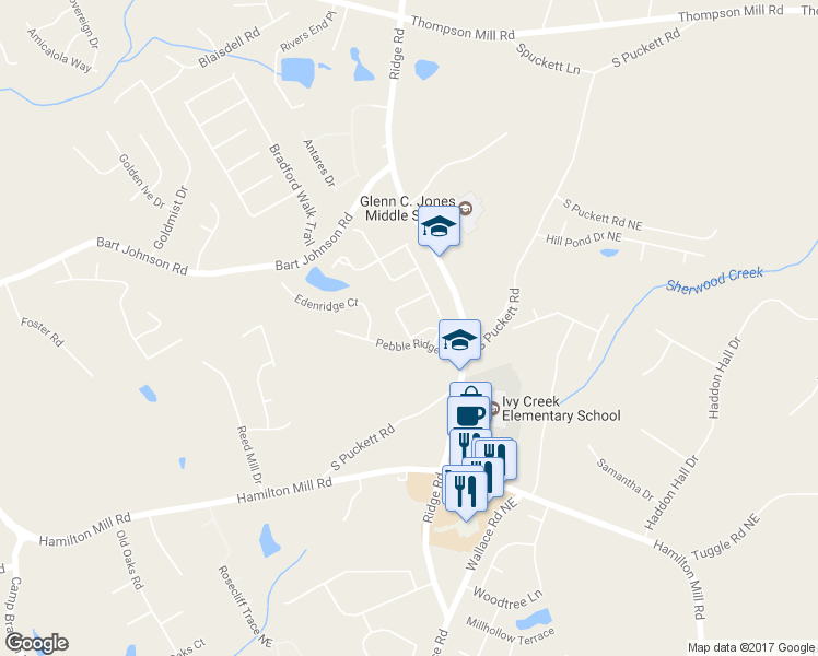 map of restaurants, bars, coffee shops, grocery stores, and more near 3422 Lindenridge Circle in Buford