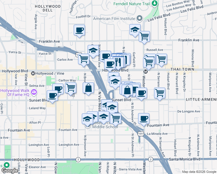 map of restaurants, bars, coffee shops, grocery stores, and more near 5723 Harold Way in Los Angeles
