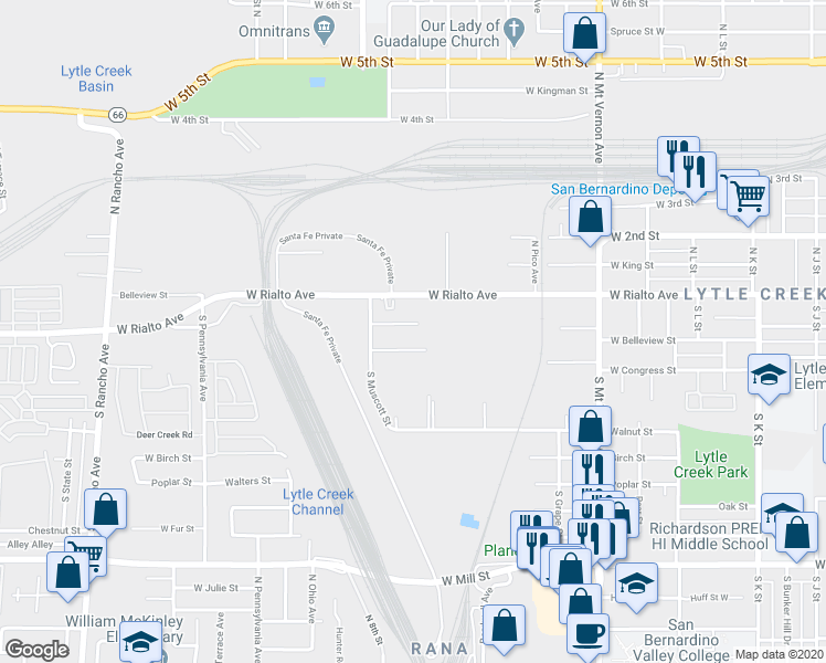 map of restaurants, bars, coffee shops, grocery stores, and more near 1625 West Belleview Street in San Bernardino