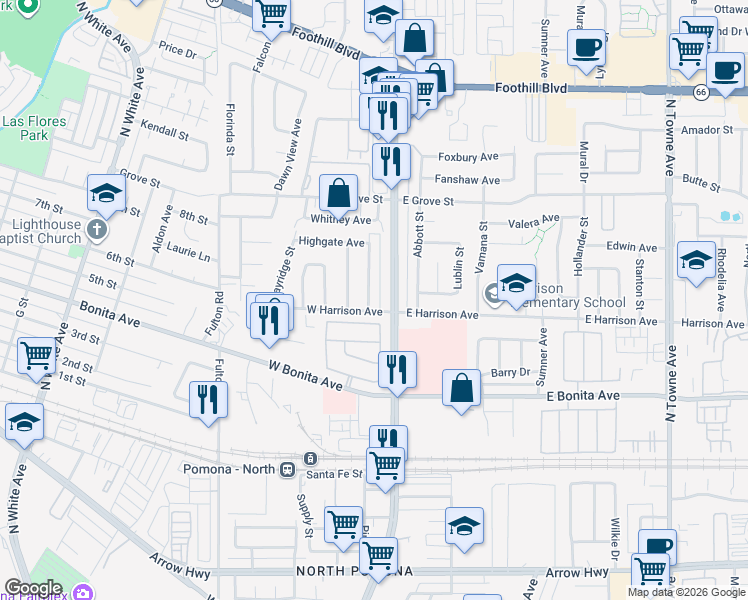 map of restaurants, bars, coffee shops, grocery stores, and more near 2918 Gladstone Street in Pomona
