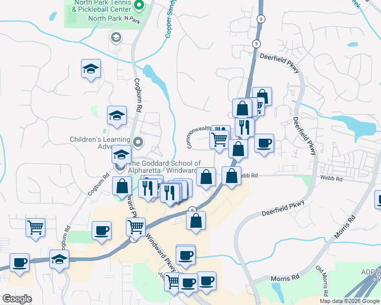 map of restaurants, bars, coffee shops, grocery stores, and more near 2872 Commonwealth Circle in Alpharetta