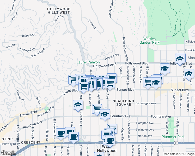 map of restaurants, bars, coffee shops, grocery stores, and more near 7960 Selma Avenue in Los Angeles