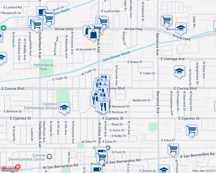 map of restaurants, bars, coffee shops, grocery stores, and more near 155 Dove Landing in Covina