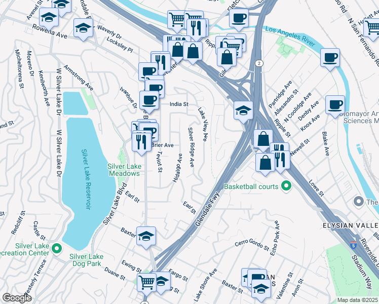 map of restaurants, bars, coffee shops, grocery stores, and more near 2377 Silver Ridge Avenue in Los Angeles