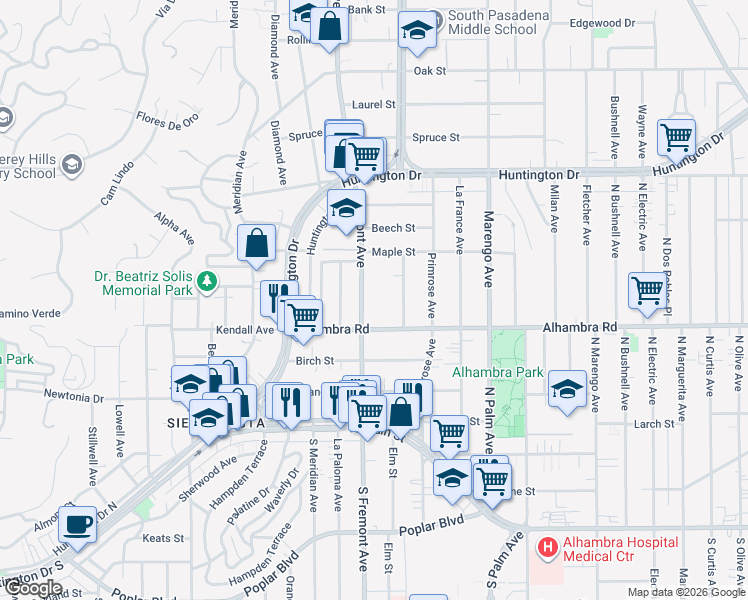 map of restaurants, bars, coffee shops, grocery stores, and more near 2042 Fremont Avenue in South Pasadena