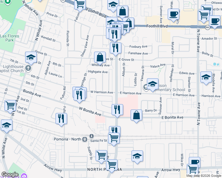 map of restaurants, bars, coffee shops, grocery stores, and more near 2918 Gladstone Street in Pomona