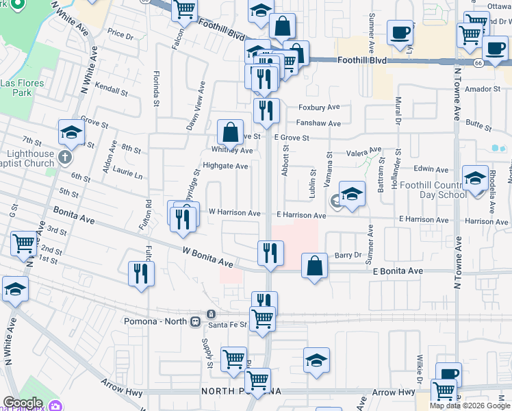map of restaurants, bars, coffee shops, grocery stores, and more near 2903 Gladstone Street in Pomona