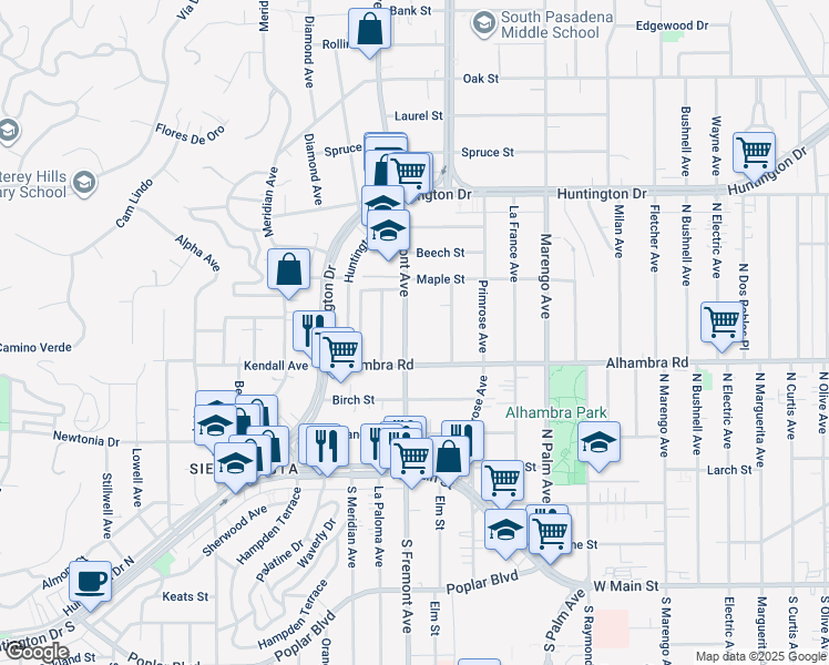 map of restaurants, bars, coffee shops, grocery stores, and more near 2042 Fremont Avenue in South Pasadena