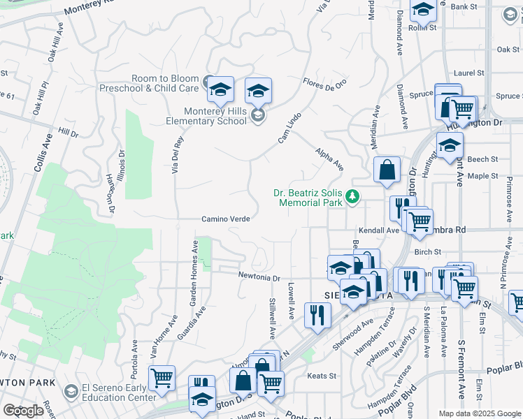 map of restaurants, bars, coffee shops, grocery stores, and more near 537 Camino Verde in South Pasadena
