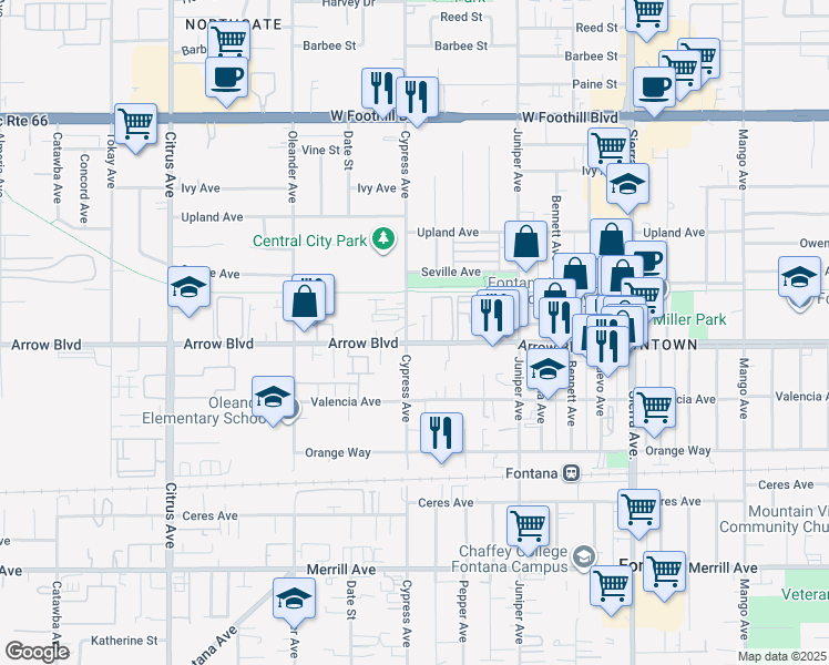 map of restaurants, bars, coffee shops, grocery stores, and more near 16520 Arrow Boulevard in Fontana