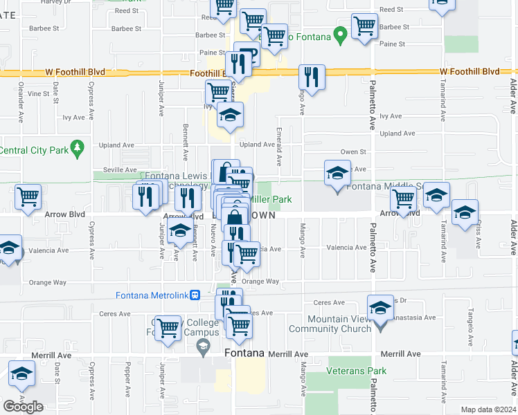 map of restaurants, bars, coffee shops, grocery stores, and more near 16980 Arrow Boulevard in Fontana