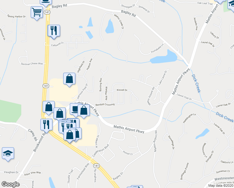 map of restaurants, bars, coffee shops, grocery stores, and more near 3385 Tanager Court in Cumming