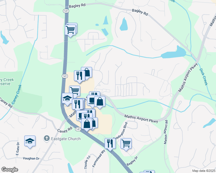 map of restaurants, bars, coffee shops, grocery stores, and more near 4250 Harrison Landing in Cumming