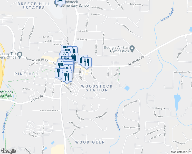 map of restaurants, bars, coffee shops, grocery stores, and more near 117 Bentley Parkway in Woodstock
