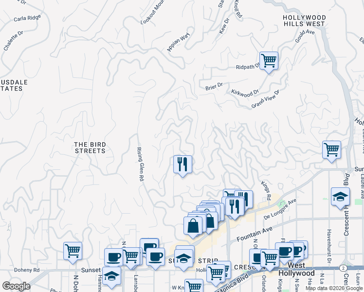 map of restaurants, bars, coffee shops, grocery stores, and more near 8721 Sunset Plaza Place in Los Angeles