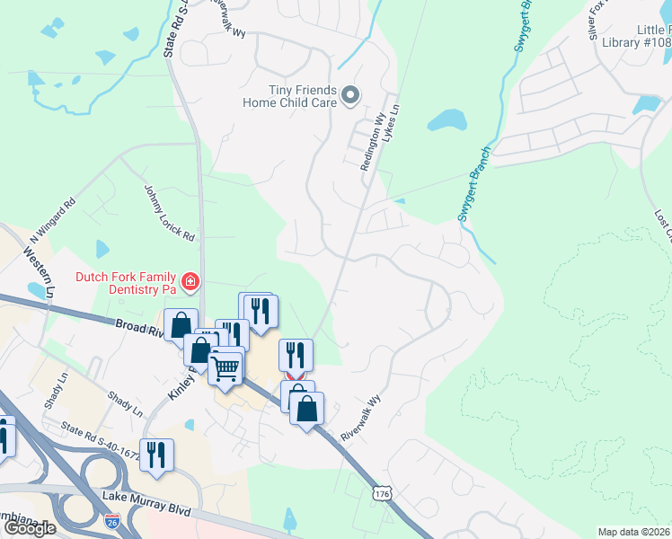 map of restaurants, bars, coffee shops, grocery stores, and more near 1141 Lykes Lane in Irmo