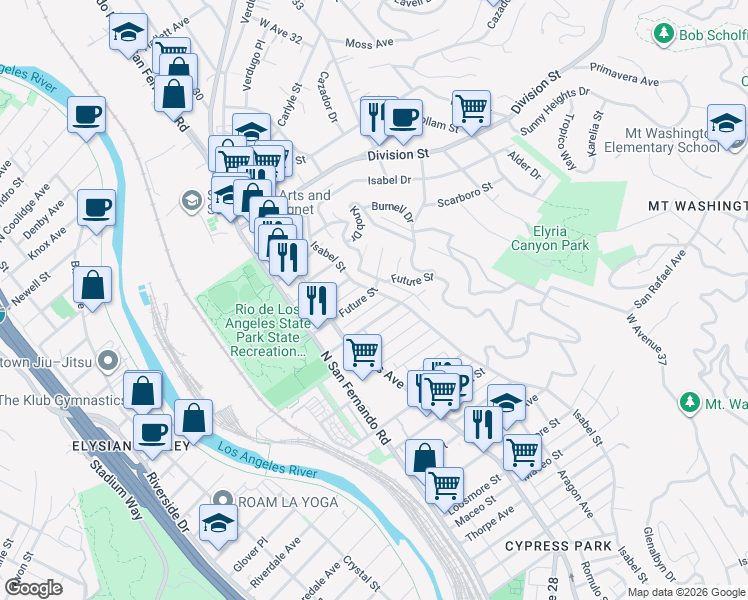 map of restaurants, bars, coffee shops, grocery stores, and more near 2926 Future Street in Los Angeles