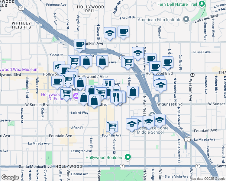 map of restaurants, bars, coffee shops, grocery stores, and more near 1545 Gordon Street in Los Angeles