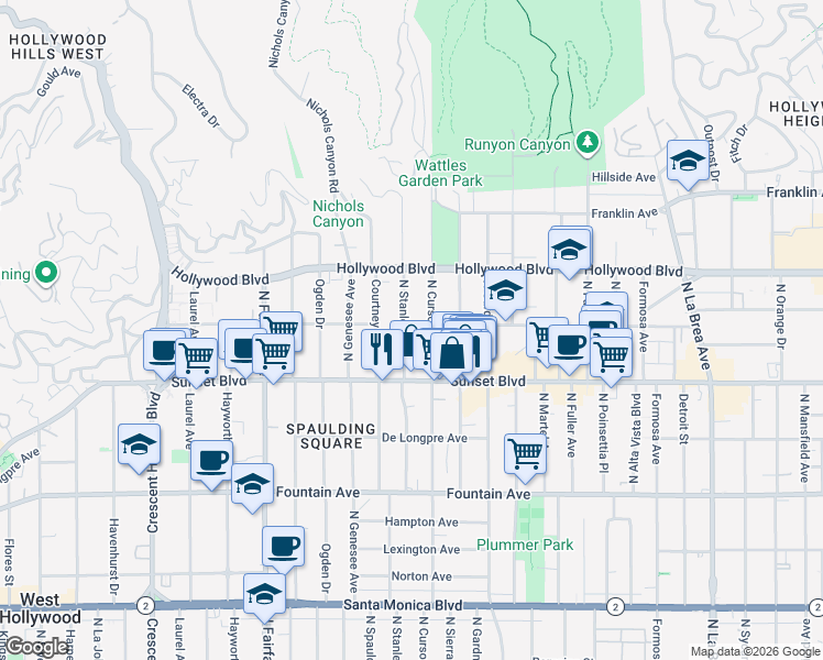 map of restaurants, bars, coffee shops, grocery stores, and more near 1554 North Stanley Avenue in Los Angeles
