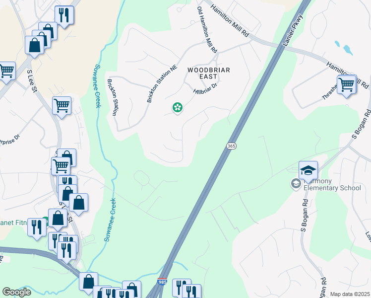 map of restaurants, bars, coffee shops, grocery stores, and more near 4466 Woodland Bank Boulevard in Buford