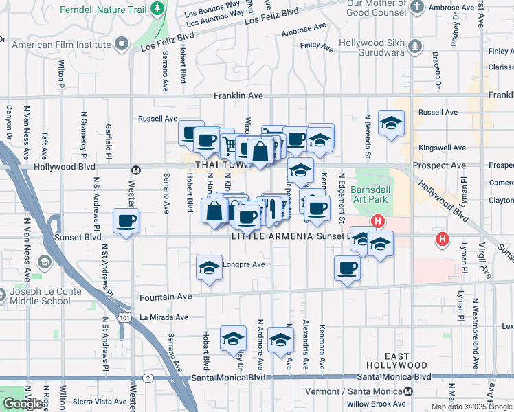 map of restaurants, bars, coffee shops, grocery stores, and more near 5125 Harold Way in Los Angeles