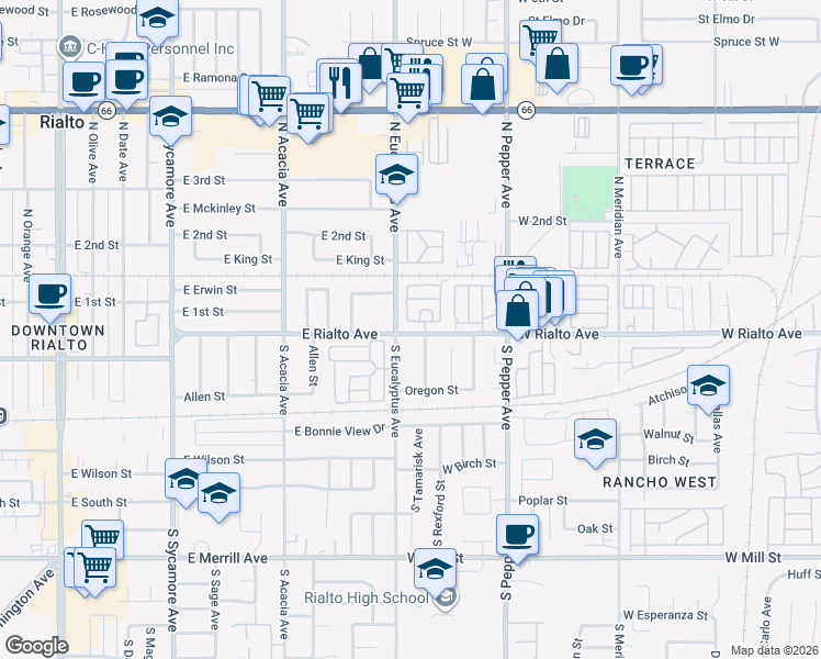 map of restaurants, bars, coffee shops, grocery stores, and more near in San Bernardino