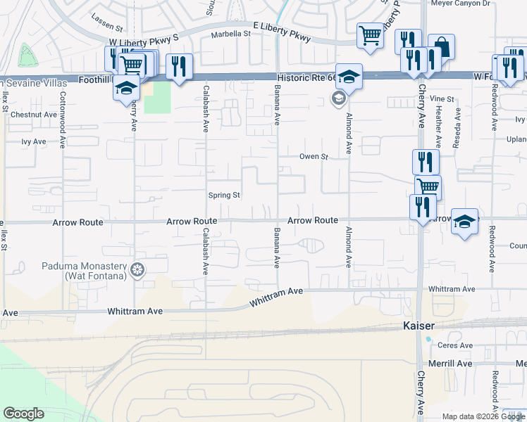 map of restaurants, bars, coffee shops, grocery stores, and more near 14070 Arrow Route in Fontana