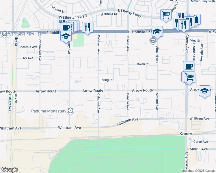 map of restaurants, bars, coffee shops, grocery stores, and more near 13946 Arrow Route in Fontana