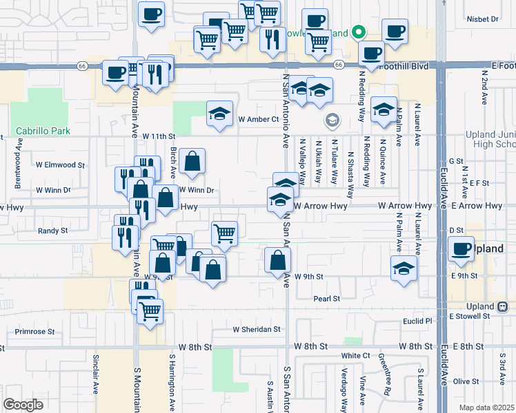 map of restaurants, bars, coffee shops, grocery stores, and more near 896 West Arrow Highway in Upland